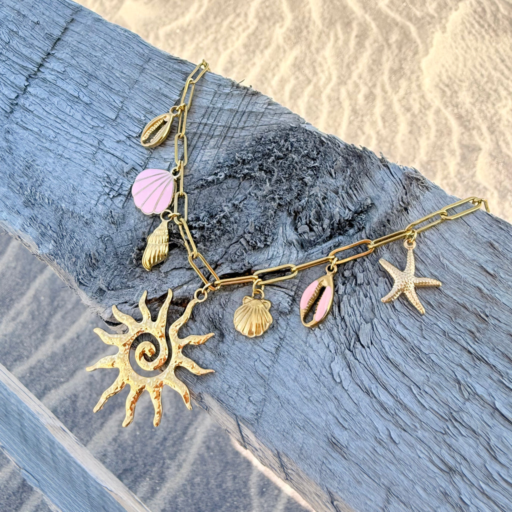 Sun Spiral Charm Necklace with Pink