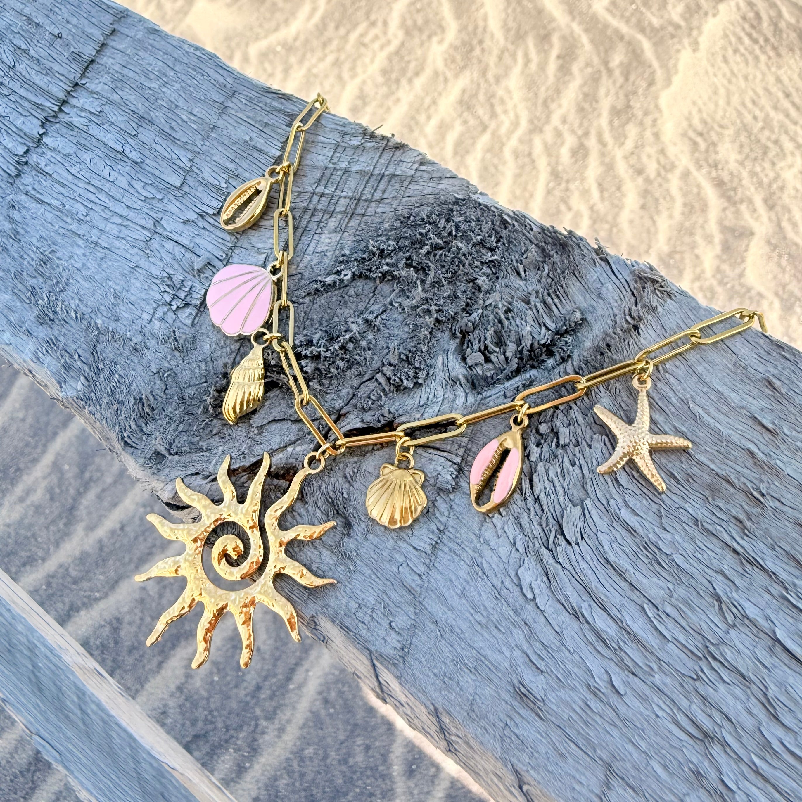 Sun Spiral Charm Necklace with Pink