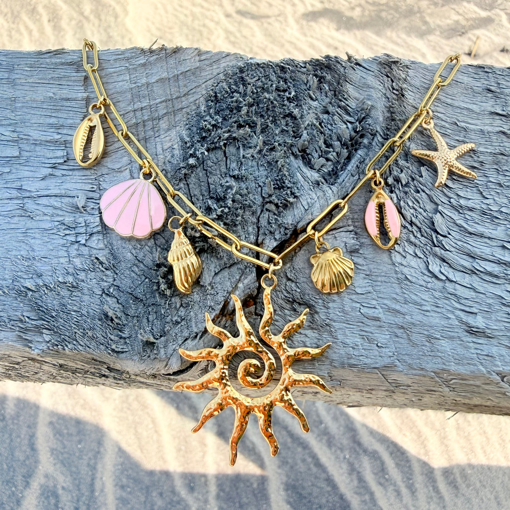 Sun Spiral Charm Necklace with Pink