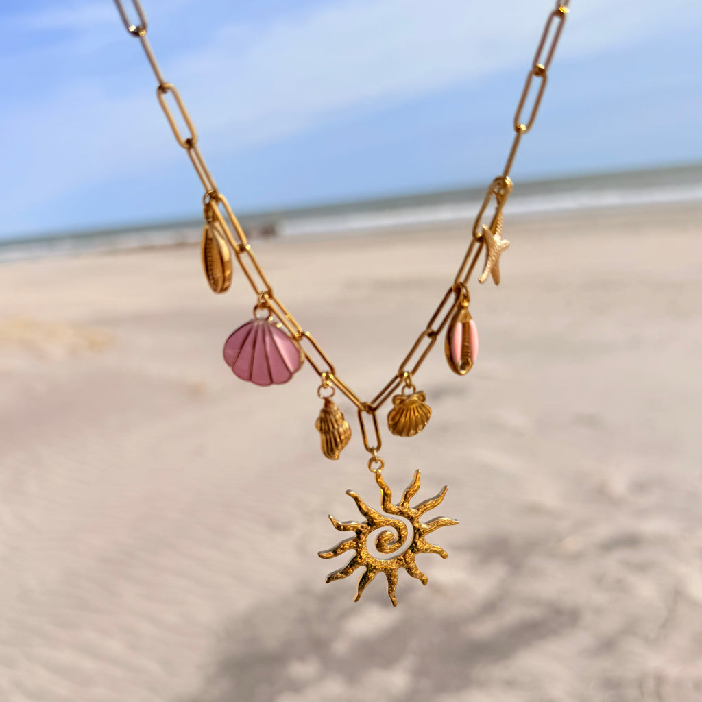 Sun Spiral Charm Necklace with Pink