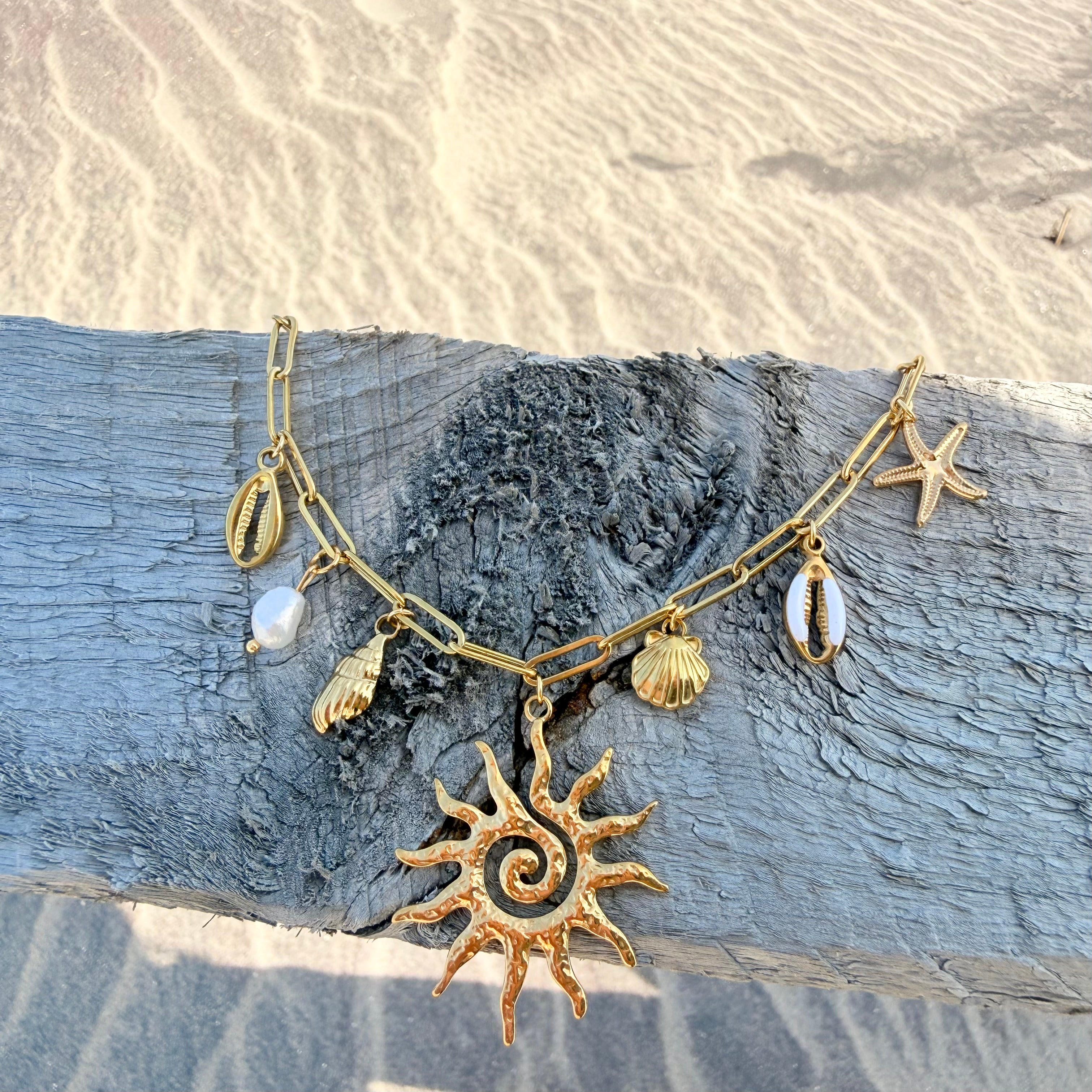 Sun Spiral Charm Necklace with White
