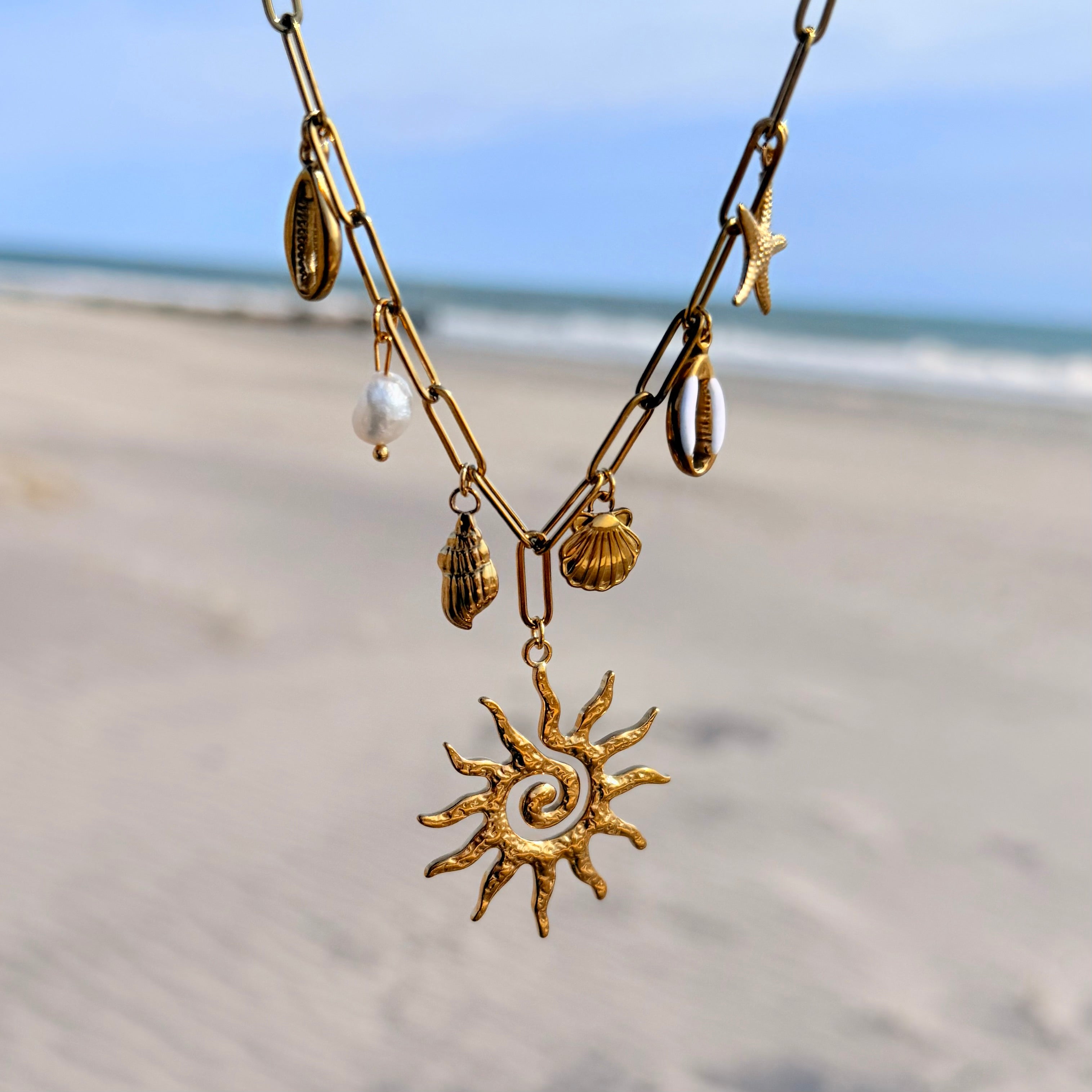 Sun Spiral Charm Necklace with White