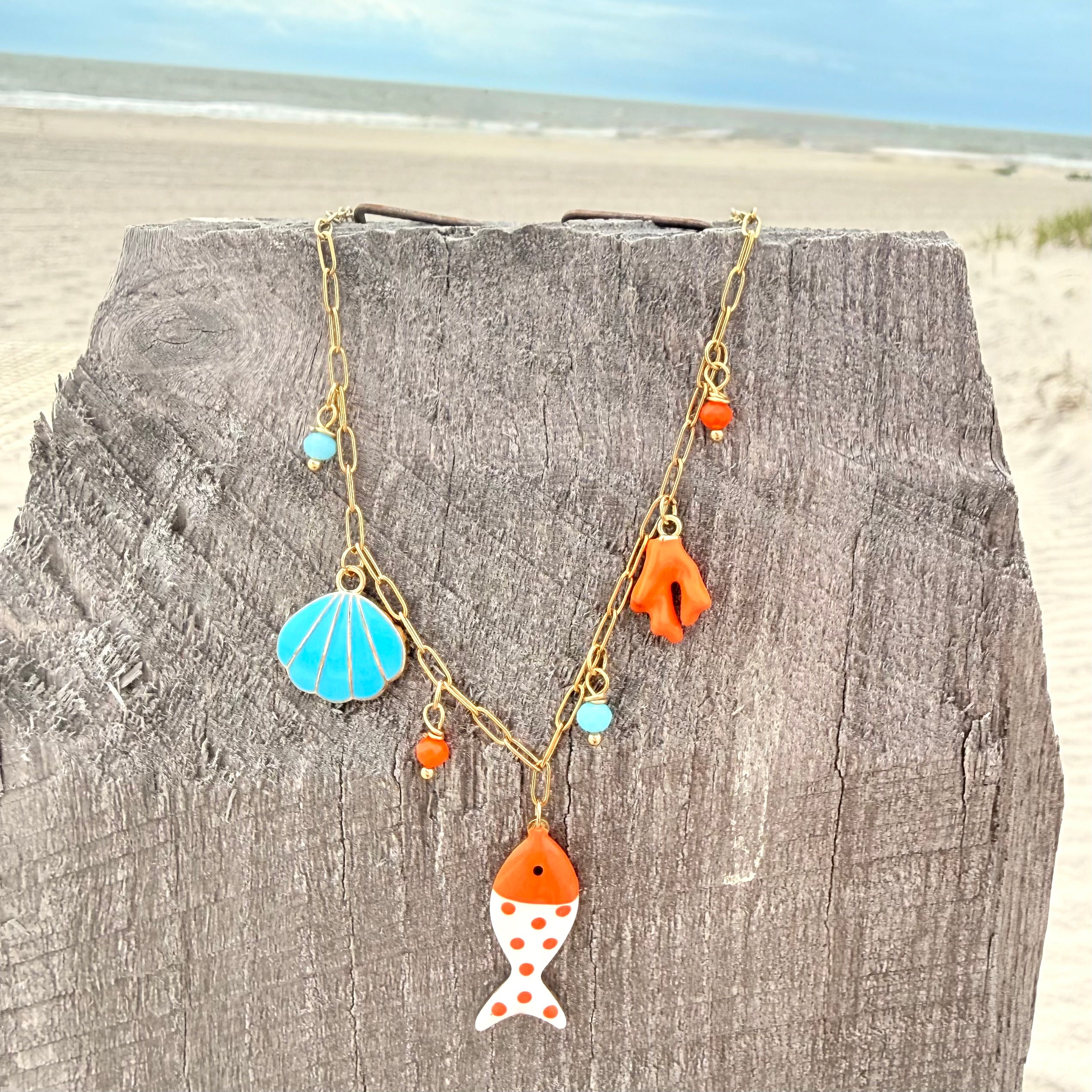 Orange Enamel Fish Charm Necklace