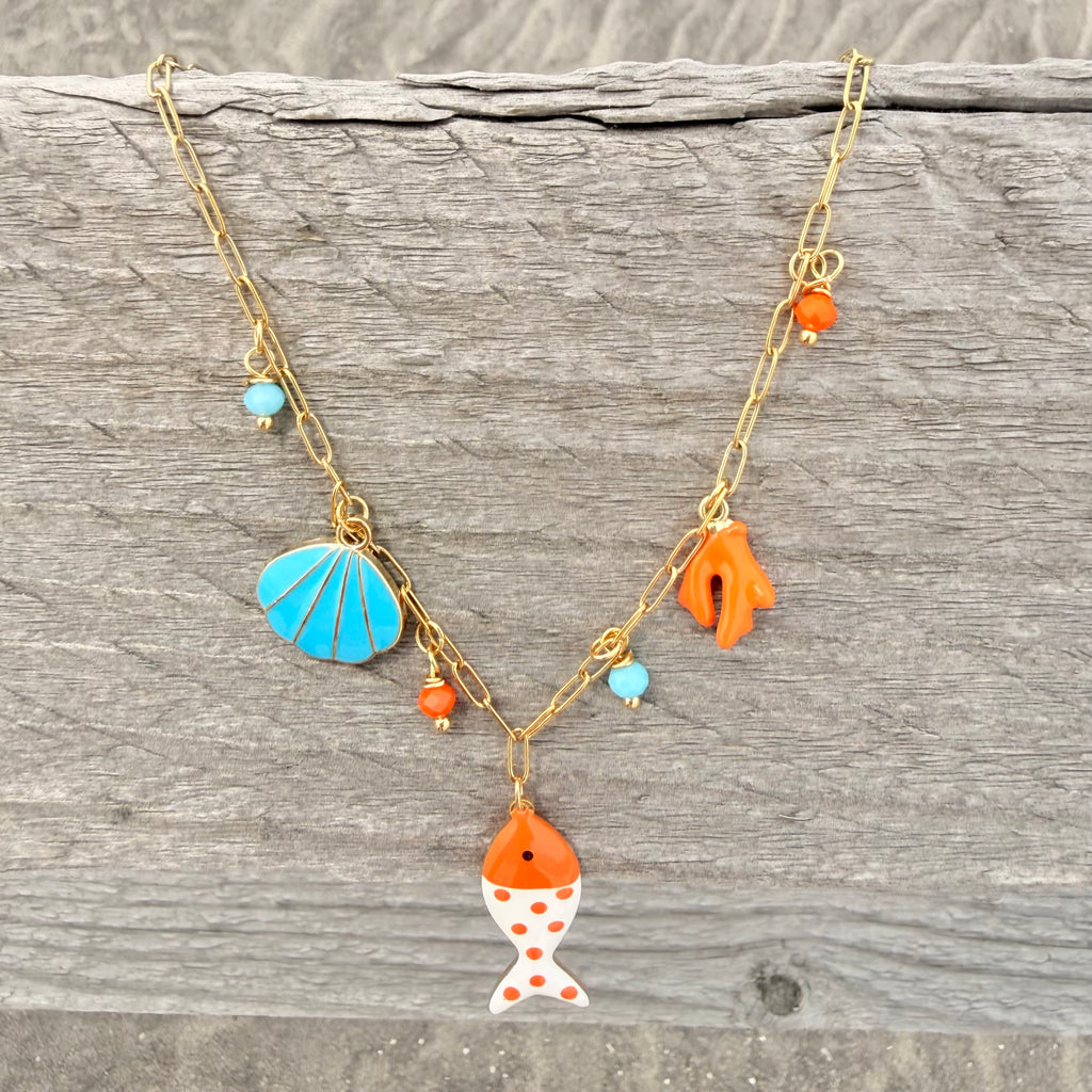 Orange Enamel Fish Charm Necklace