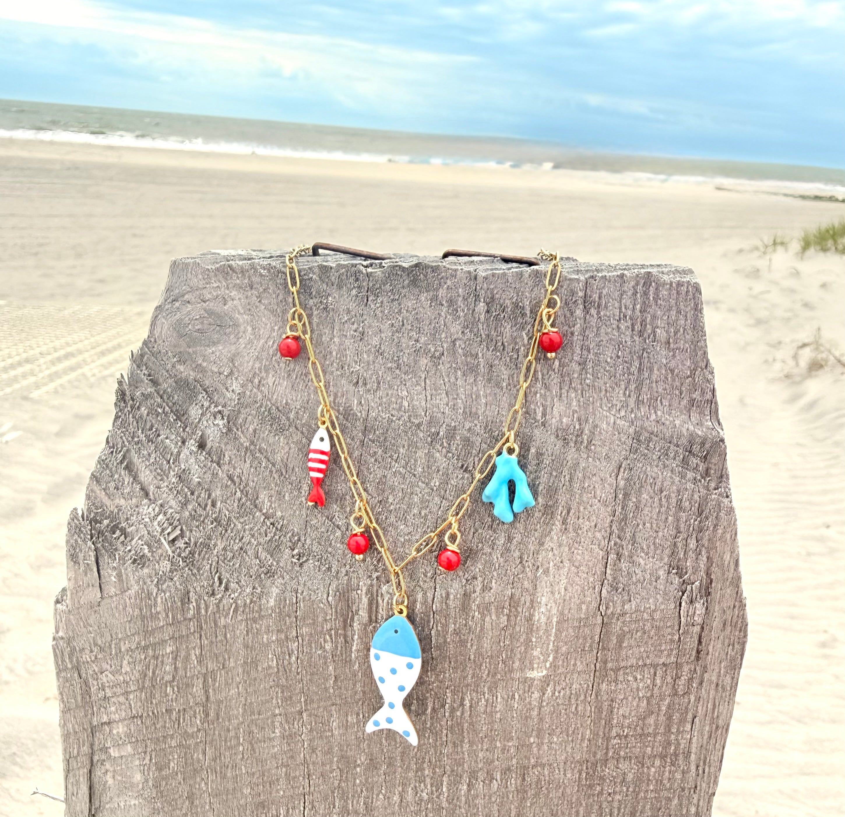 Blue Enamel Fish Charm Necklace