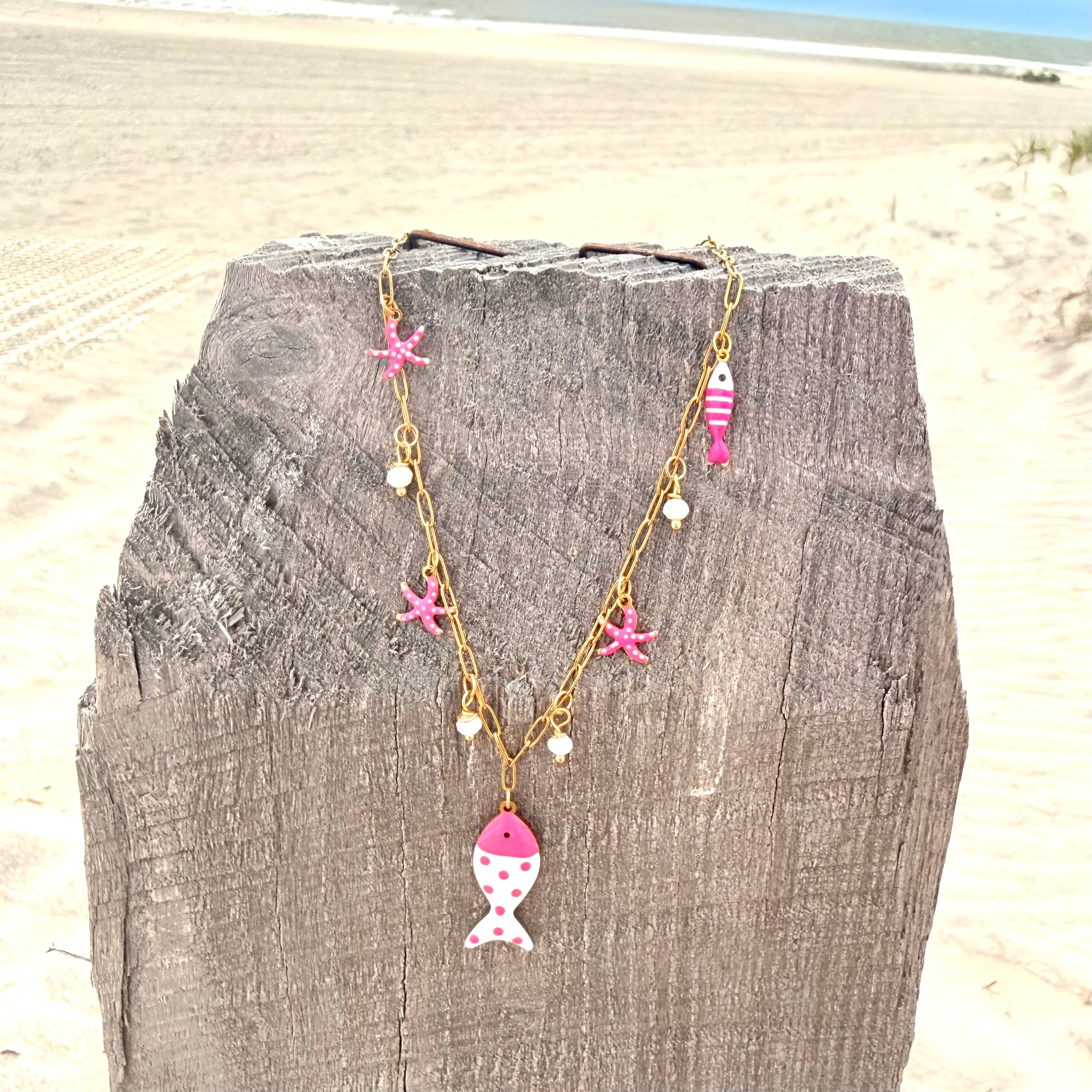 Pink Enamel Fish Charm Necklace